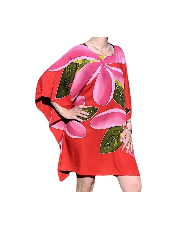 Tunique couleur rouge motif 5 frangipanes blanches