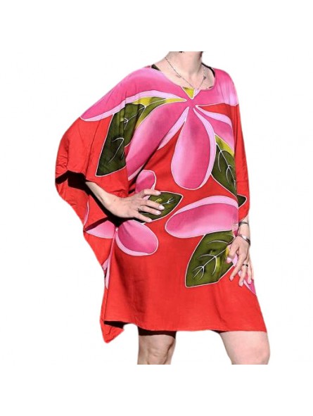 Tunique couleur rouge motif 5 frangipanes blanches