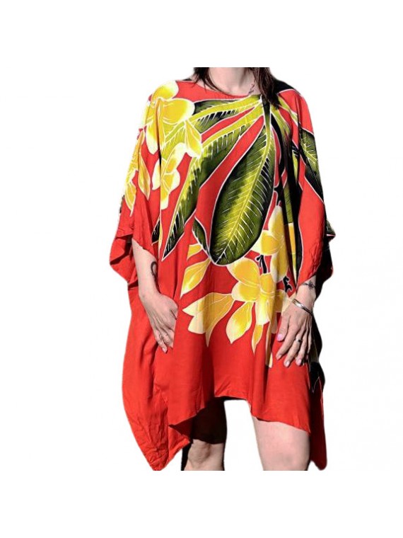 Tunique ample femme couleur rouge avec fleurs frangipane jaune et blanche