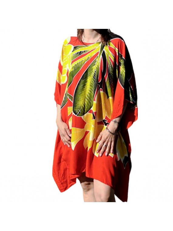 Tunique ample femme couleur rouge avec fleurs frangipane jaune et blanche
