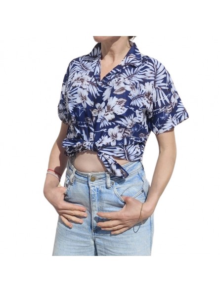 Chemisier aux fleurs bleu marine et blanche
