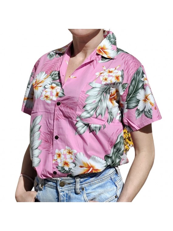 Chemisier hawaïen rose aux fleurs exotiques