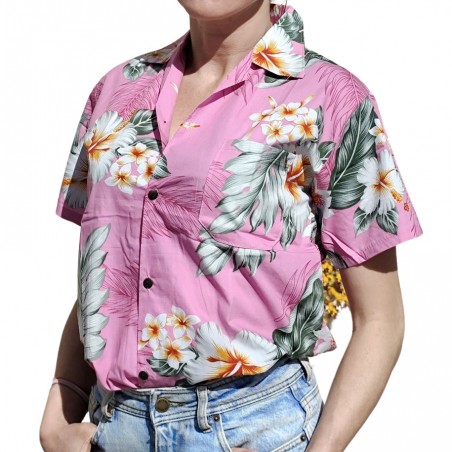 Chemisier hawaïen rose aux fleurs exotiques