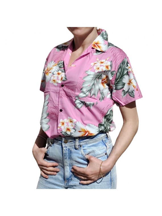 Chemisier hawaïen rose aux fleurs exotiques