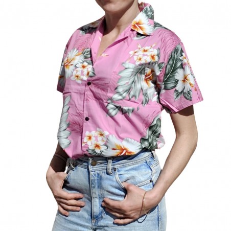 Chemisier hawaïen rose aux fleurs exotiques