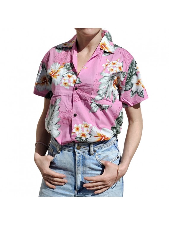 Chemisier hawaïen rose aux fleurs exotiques