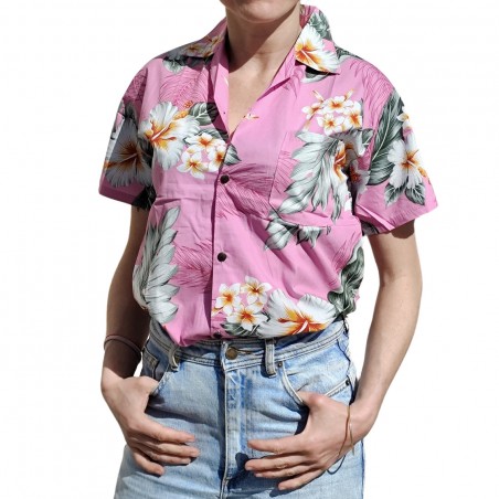 Chemisier hawaïen rose aux fleurs exotiques