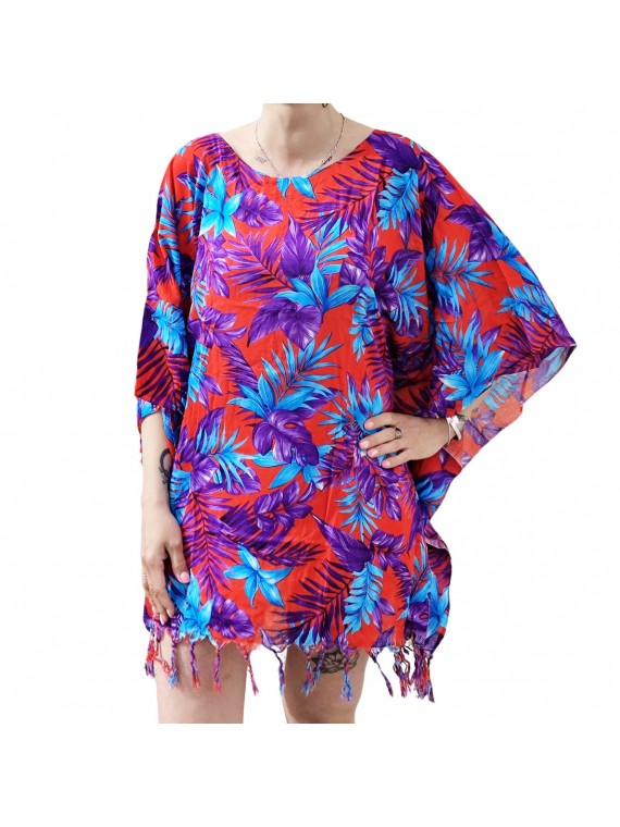 Tunique Femme rouge, bleu, violet motifs fleurs tropical