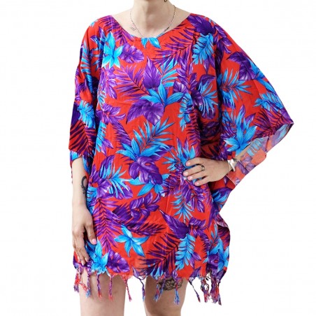 Tunique Femme rouge, bleu, violet motifs fleurs tropical