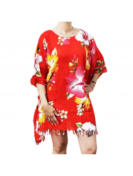 Tunique Femme motif Hibiscus multicolore fond rouge