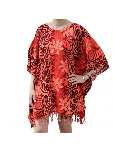 Tunique Femme couleur rouge motifs tatouage et fleurs de tiaré