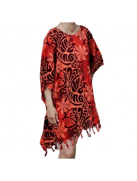 Tunique Femme couleur rouge motifs tatouage et fleurs de tiaré