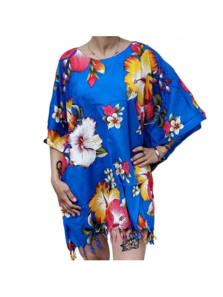 Tunique Femme motifs Hibiscus multicolore fond bleu