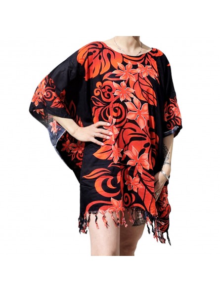 Tunique Femme couleur noir et rouge motifs fleurs tropical