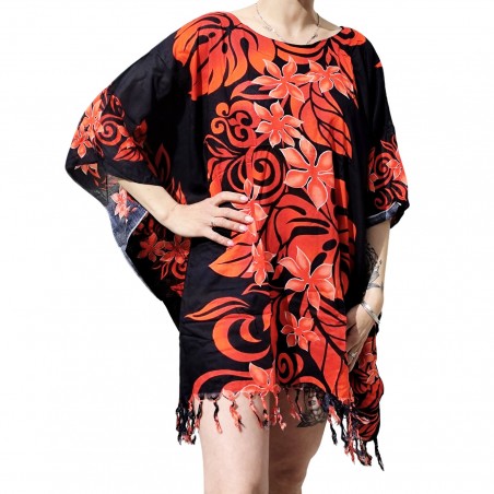 Tunique Femme couleur noir et rouge motifs fleurs tropical