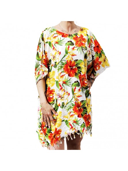 Tunique blanche Femme motifs fleurs d hibiscus rouge