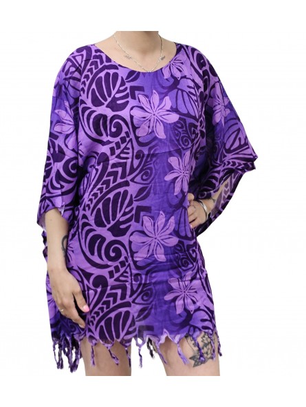 Tunique Femme couleur violette motifs tatouage et fleurs de tiaré