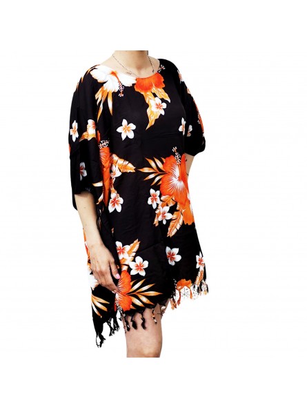 Tunique Femme fond noir motifs fleurs hibiscus orange