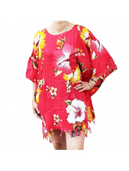 Tunique Femme motif Hibiscus multicolore fond rouge