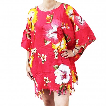 Tunique Femme motif Hibiscus multicolore fond rouge