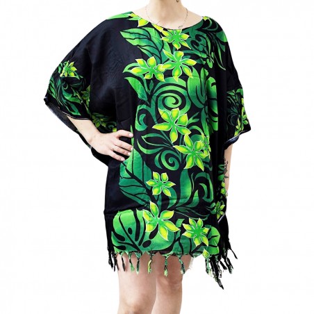 Tunique Femme noir et vert motifs fleurs des iles