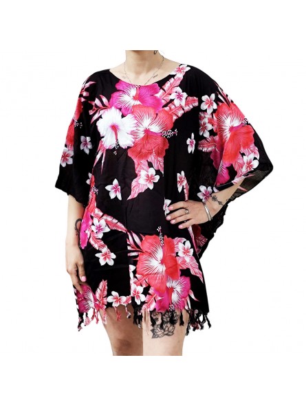 Tunique Femme fond noir motifs fleurs hibiscus rose