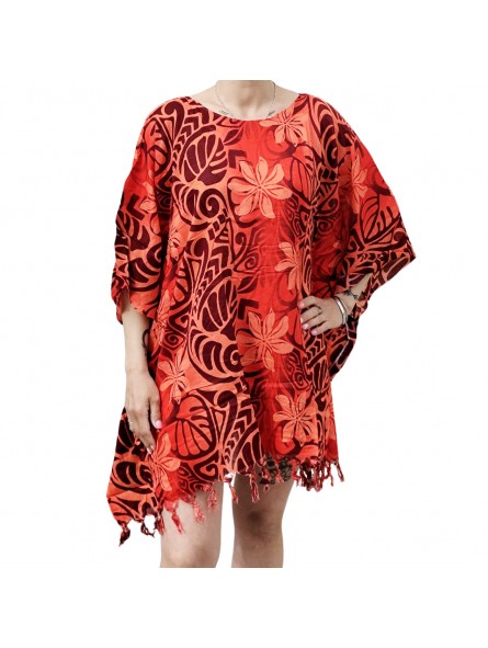 Tunique Femme couleur rouge motifs tatouage et fleurs de tiaré