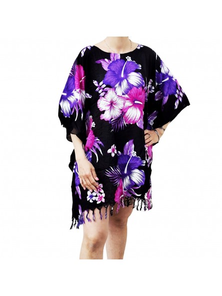 Tunique Femme fond noir motifs fleurs hibiscus violet