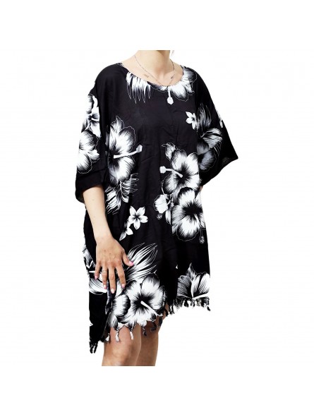 Tunique noire Femme motifs hibiscus blanc