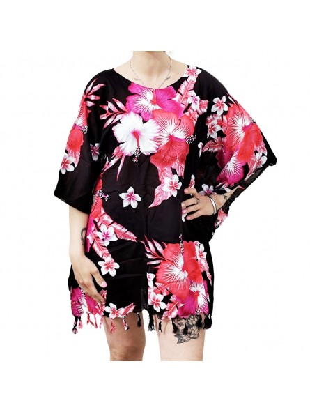 Tunique Femme fond noir motifs fleurs hibiscus rose