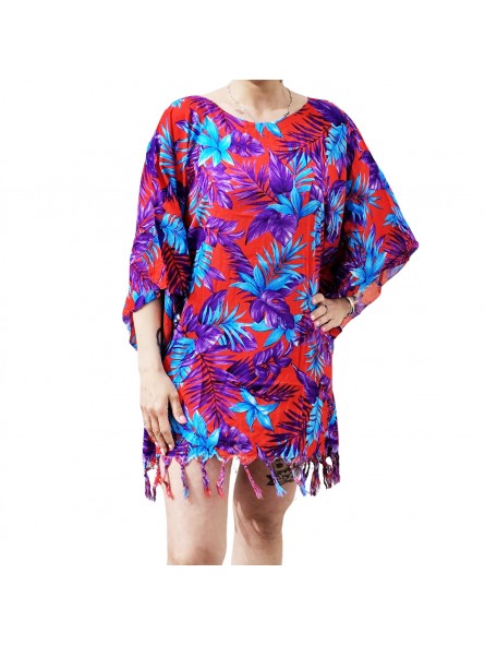 Tunique Femme rouge, bleu, violet motifs fleurs tropical