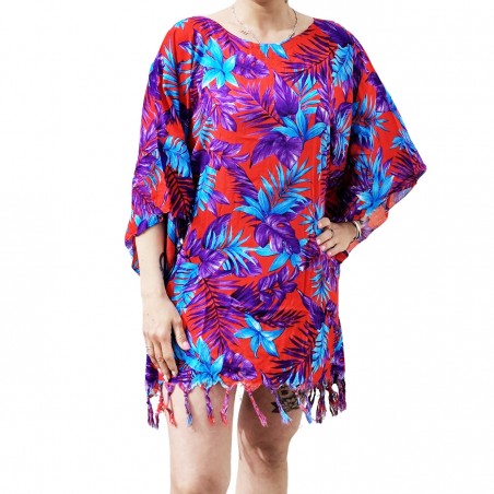 Tunique Femme rouge, bleu, violet motifs fleurs tropical