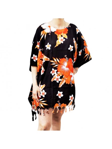 Tunique Femme fond noir motifs fleurs hibiscus orange