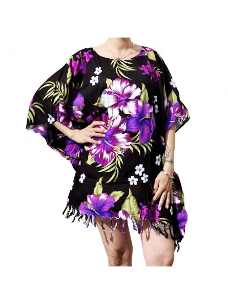 Tunique Femme couleur noir motifs hibiscus violet