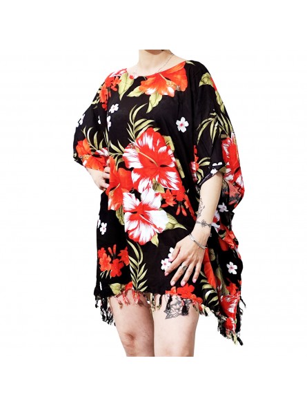 Tunique Femme couleur noir et rouge motif fleurs hibiscus