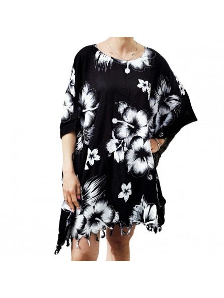Tunique noire Femme motifs hibiscus blanc