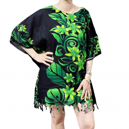 Tunique Femme noir et vert motifs fleurs des iles