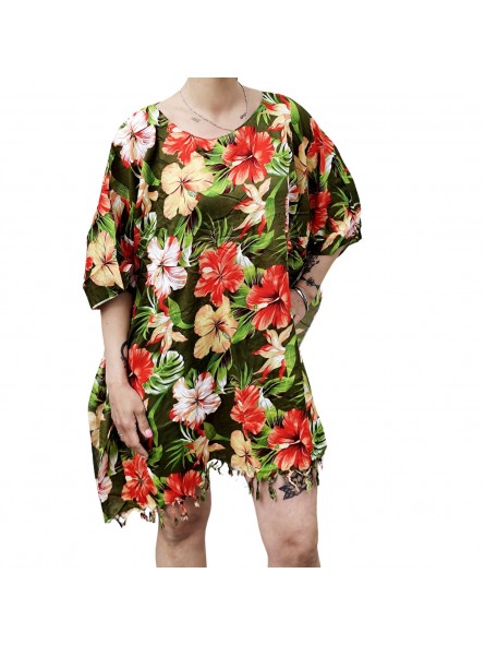 Tunique femme couleur vert foncé motifs hibiscus saisons estival