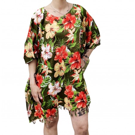 Tunique femme couleur vert foncé motifs hibiscus saisons estival
