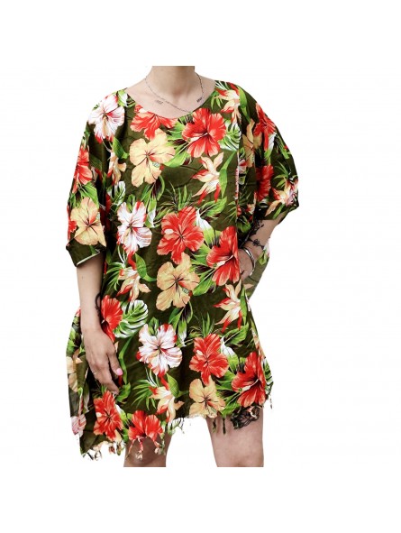 Tunique femme couleur vert foncé motifs hibiscus saisons estival