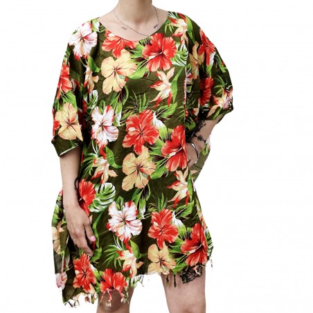 Tunique femme couleur vert foncé motifs hibiscus saisons estival