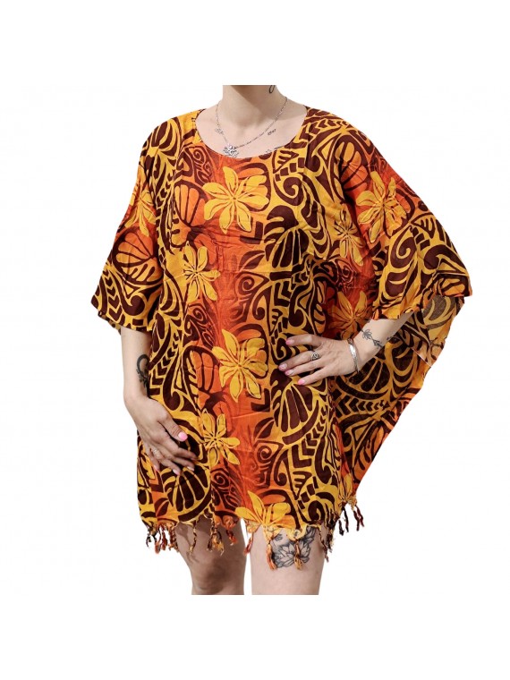 Tunique Femme couleur marron motifs tatouage et fleurs de tiaré