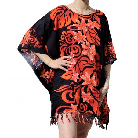 Tunique Femme couleur noir et rouge motifs fleurs tropical