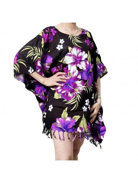 Tunique Femme couleur noir motifs hibiscus violet