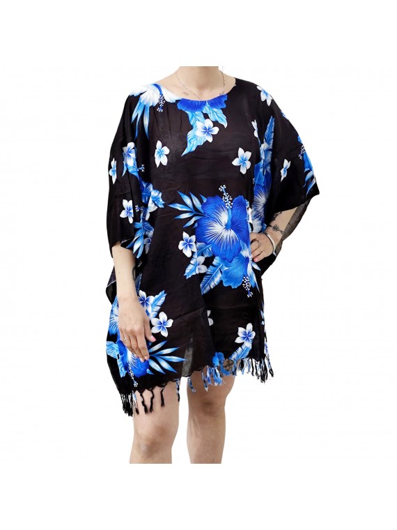 Tunique Femme fond noir motifs fleurs hibiscus bleu