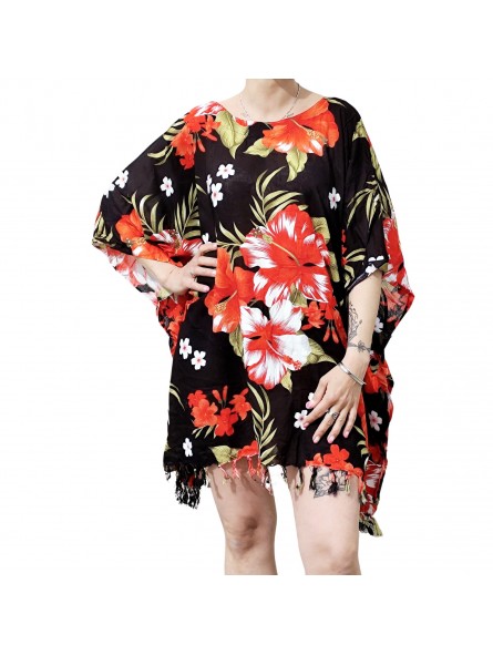 Tunique Femme couleur noir et rouge motif fleurs hibiscus