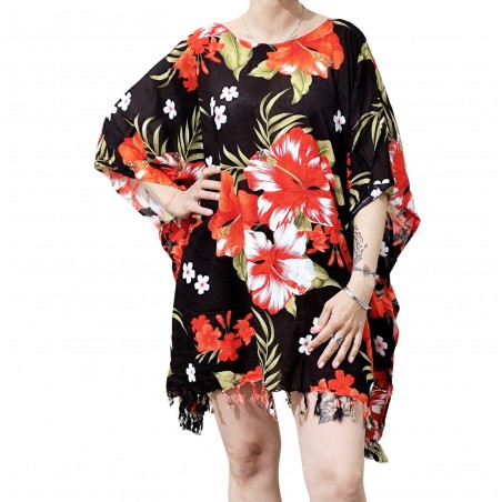 Tunique Femme couleur noir et rouge motif fleurs hibiscus