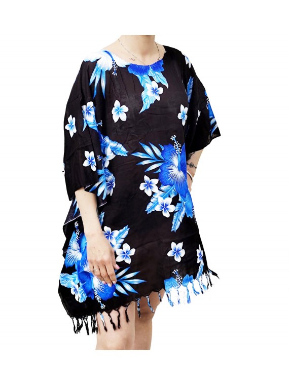 Tunique Femme fond noir motifs fleurs hibiscus bleu