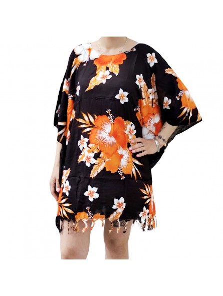 Tunique Femme fond noir motifs fleurs hibiscus orange