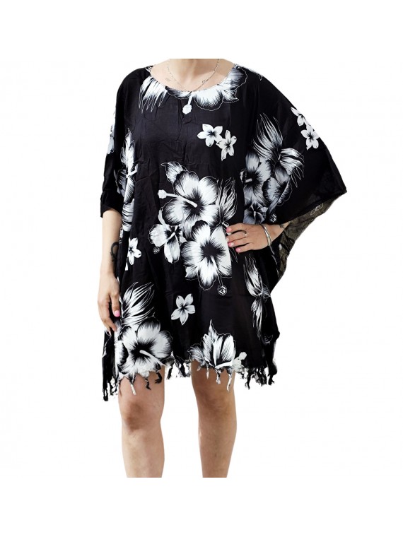Tunique noire Femme motifs hibiscus blanc